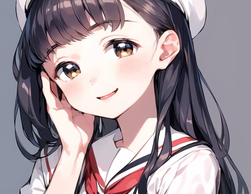masterpiece,best quality,1girl,tomoyo:1.3,school uniform,detailed face,white headwear,smile,hand_on_own_cheek, hand_on_own...